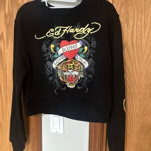 Ed Hardy Women's Cropped Black Graphic Crew Neck Sweater
